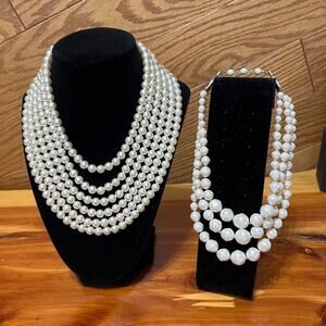 Vintage White Faux Beaded Pearl Multi Strand Necklaces Chunky MCM Style